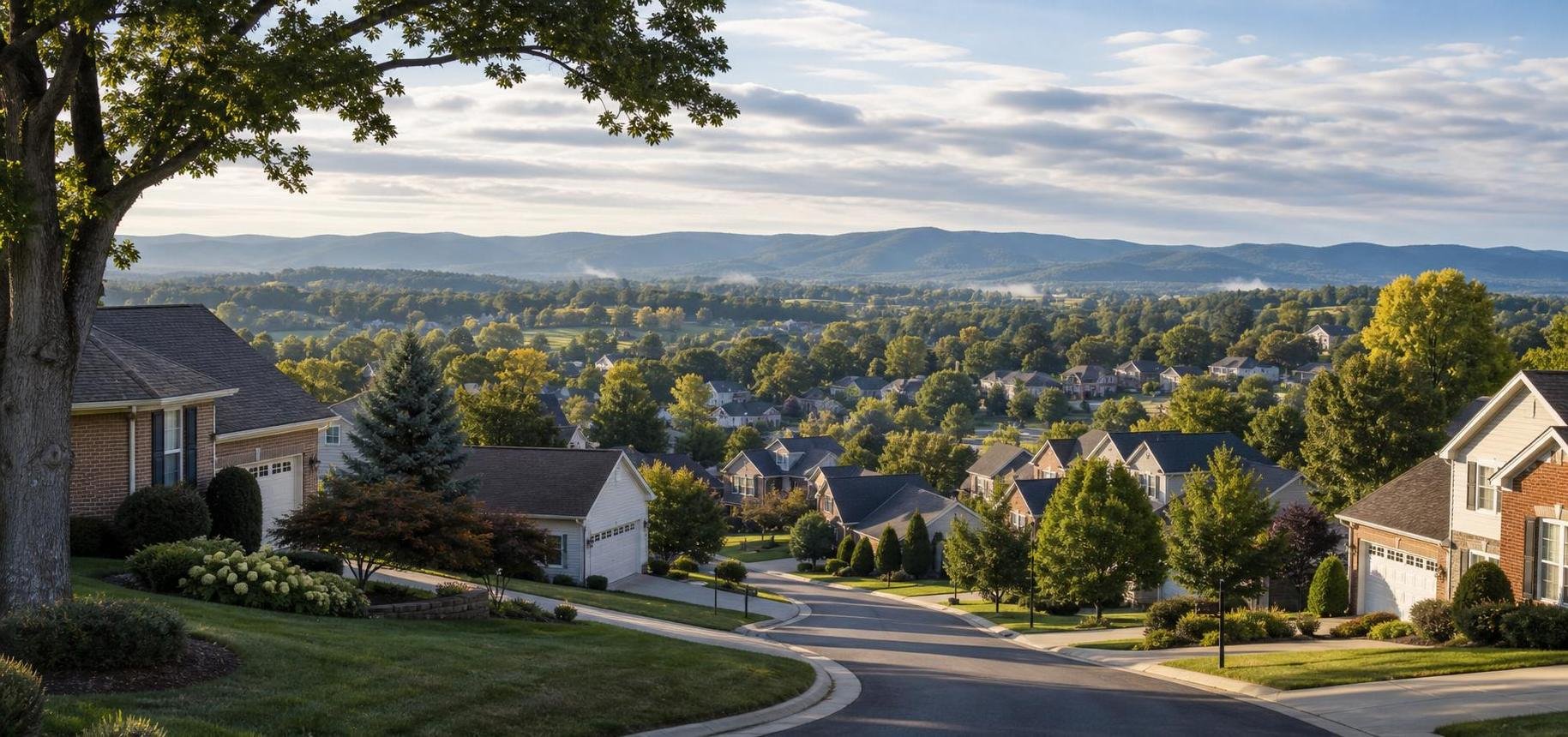 A suburban neighborhood street with houses, trees, and distant hills under a bright sky.